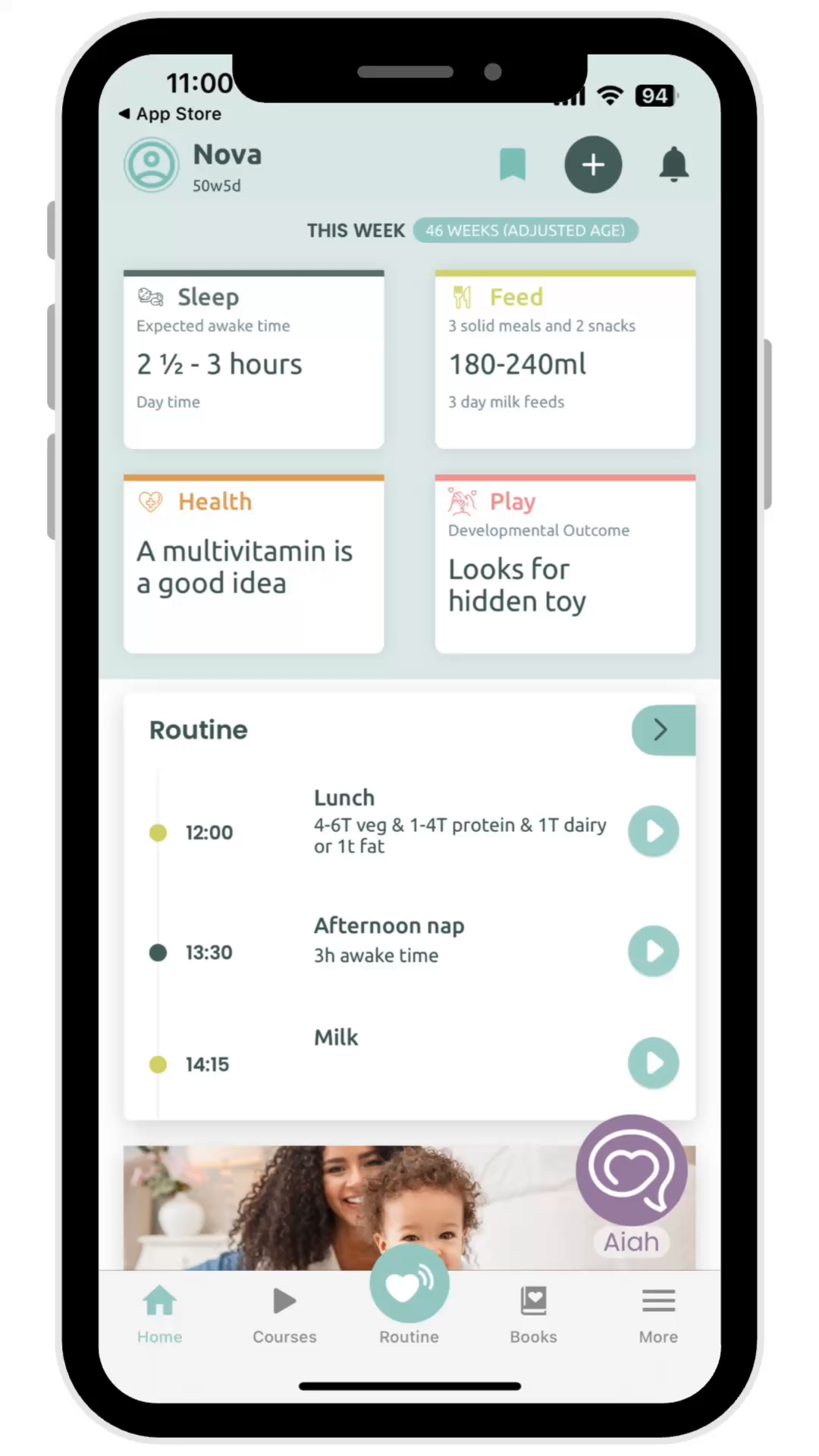 The Parent Sense app home screen showing today's routine, sleep, feed, play and health tracking
